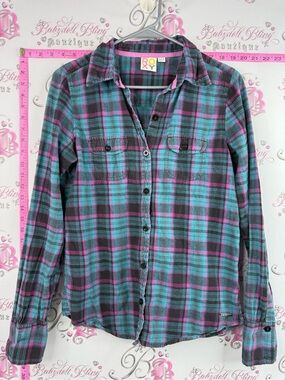 Roxy long sleeve Y2k top shirt Teal, Purple & Black Plaid Button-Up Shirt
